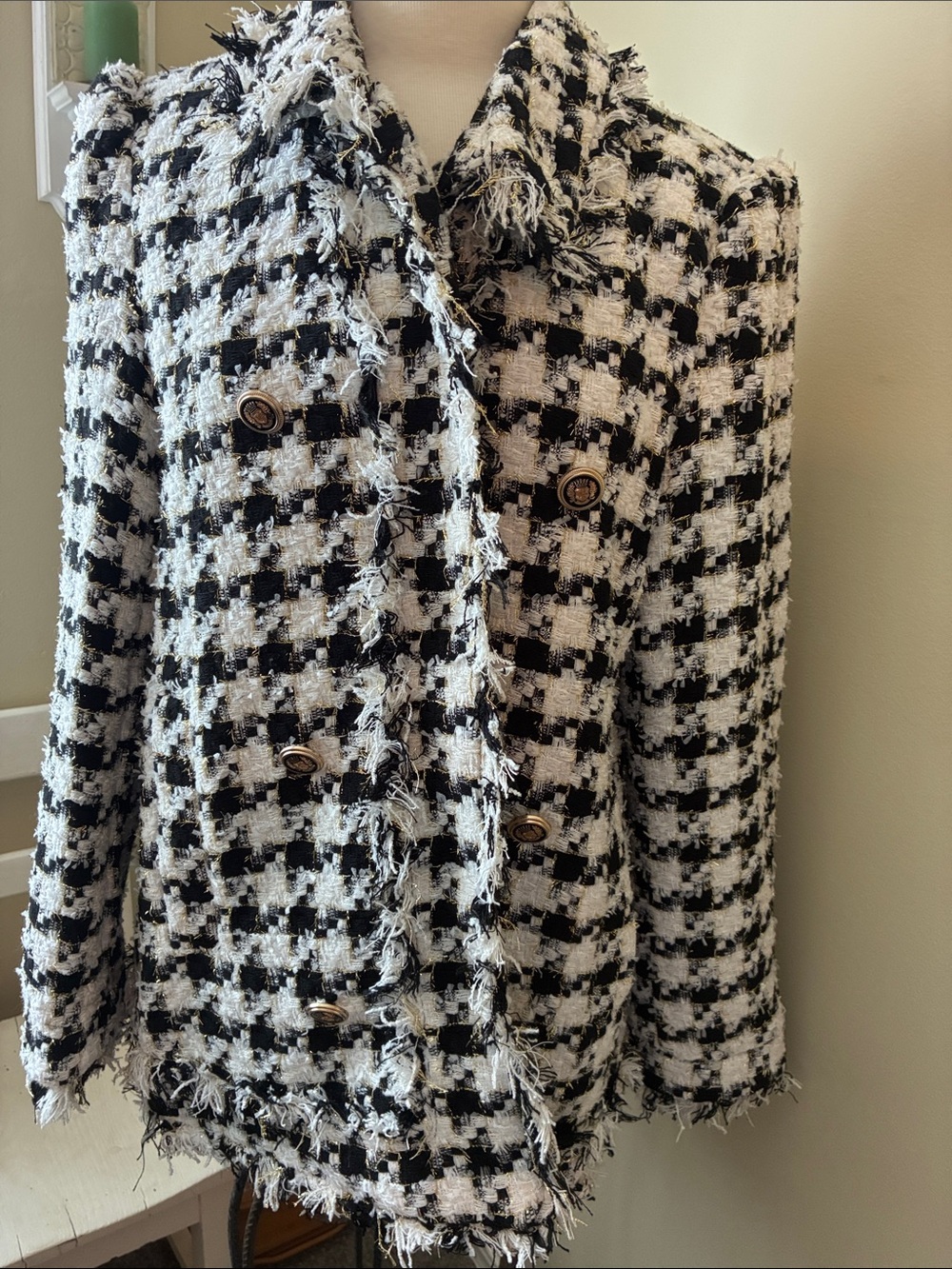 Black and White Tweed Pea Coat - Classic Double-Breasted Style